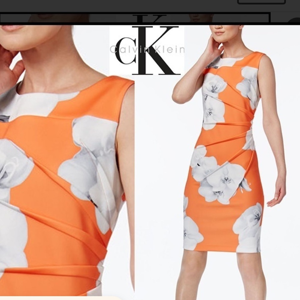 Calvin Klein Orange Floral Asymmetrical Sheath Dress